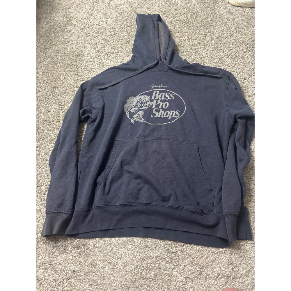 Bass Pro Shops Johnny Morris Graphic Hoodie Navy Blue Mens Medium Fishing